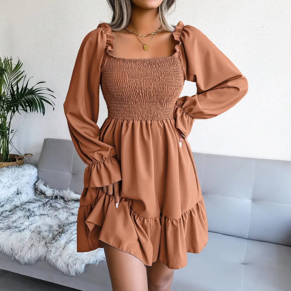 Flared Long Sleeve Dresses Women Square Neck Ruffled Swing Dress