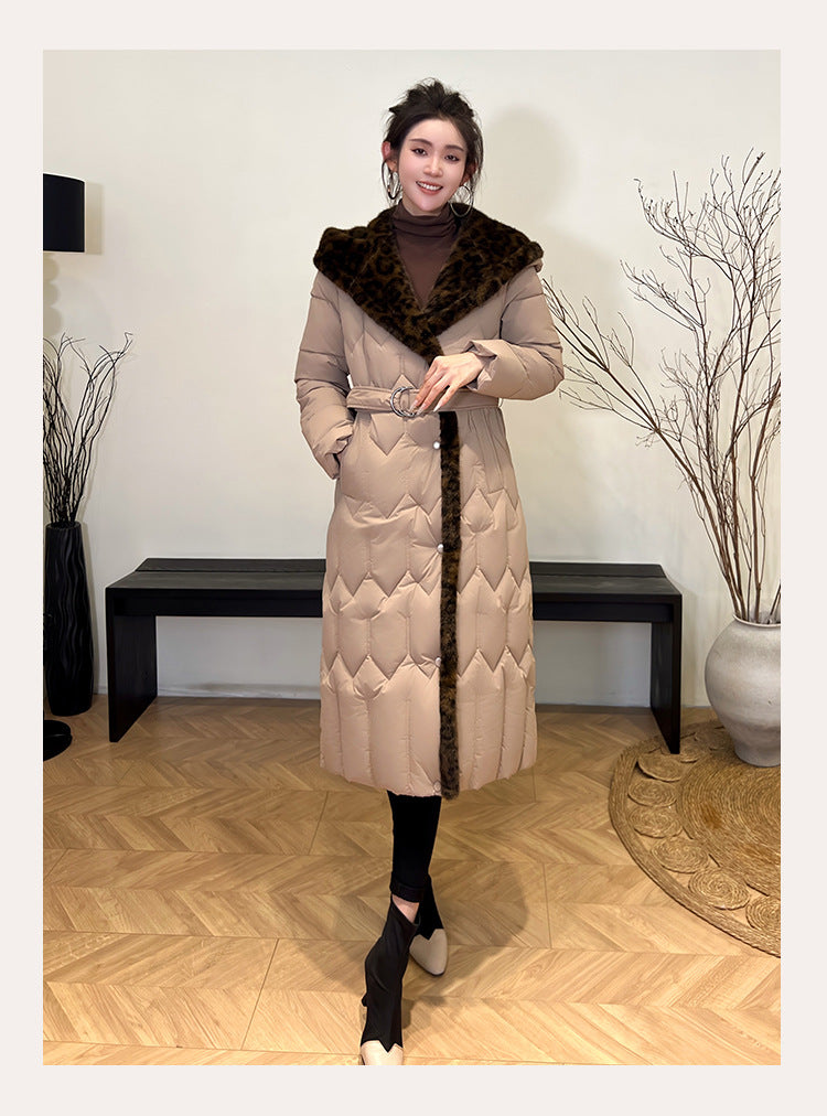 Stitching Overknee Long Slim-fit Belt Elegant Cotton-padded Jacket