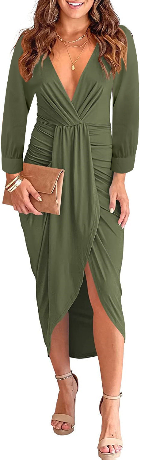 V-neck Ruffle Hip Split Women's Clothing Dress