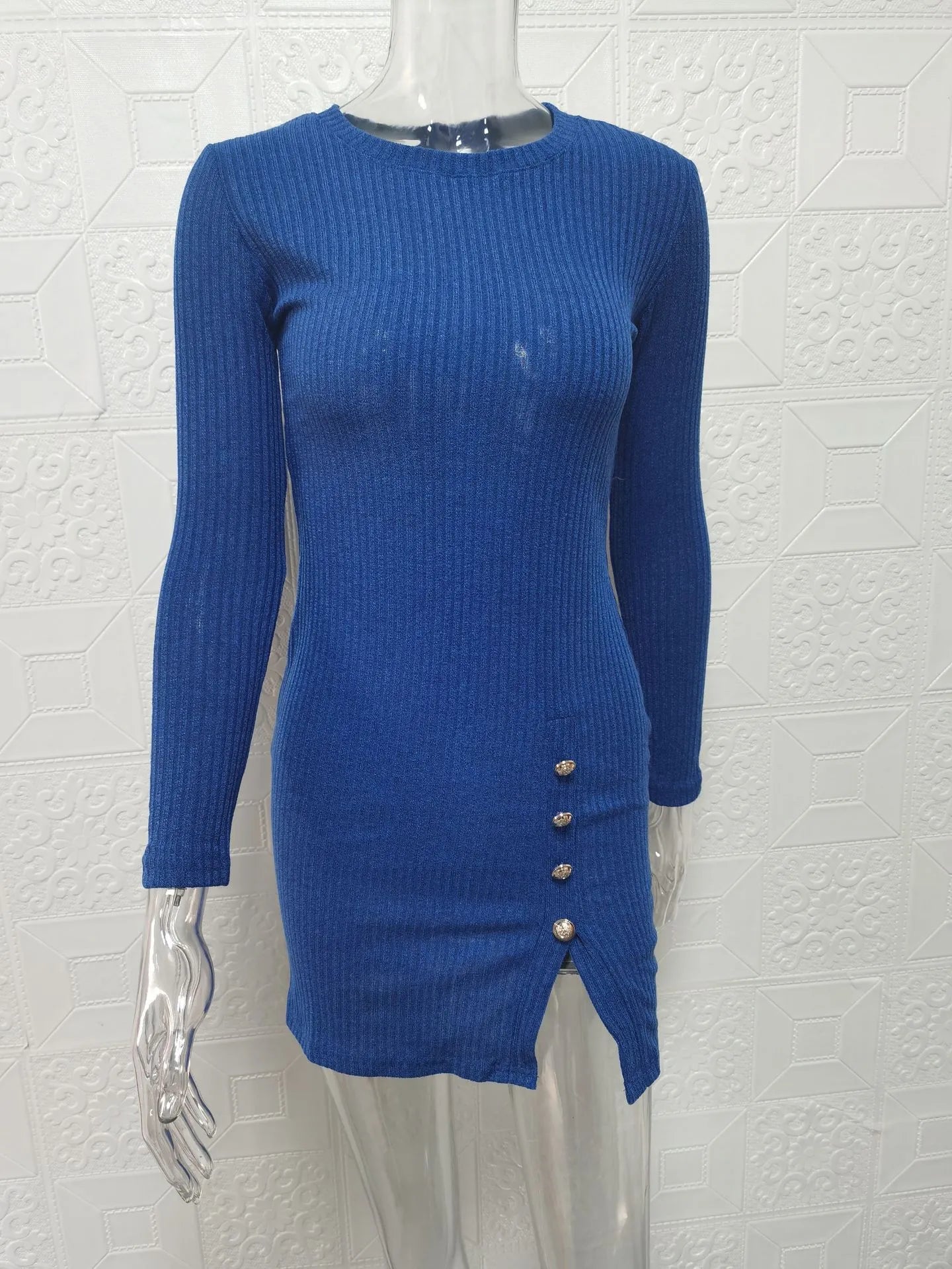 Button Sexy Hip Skirt Long Sleeve Dress