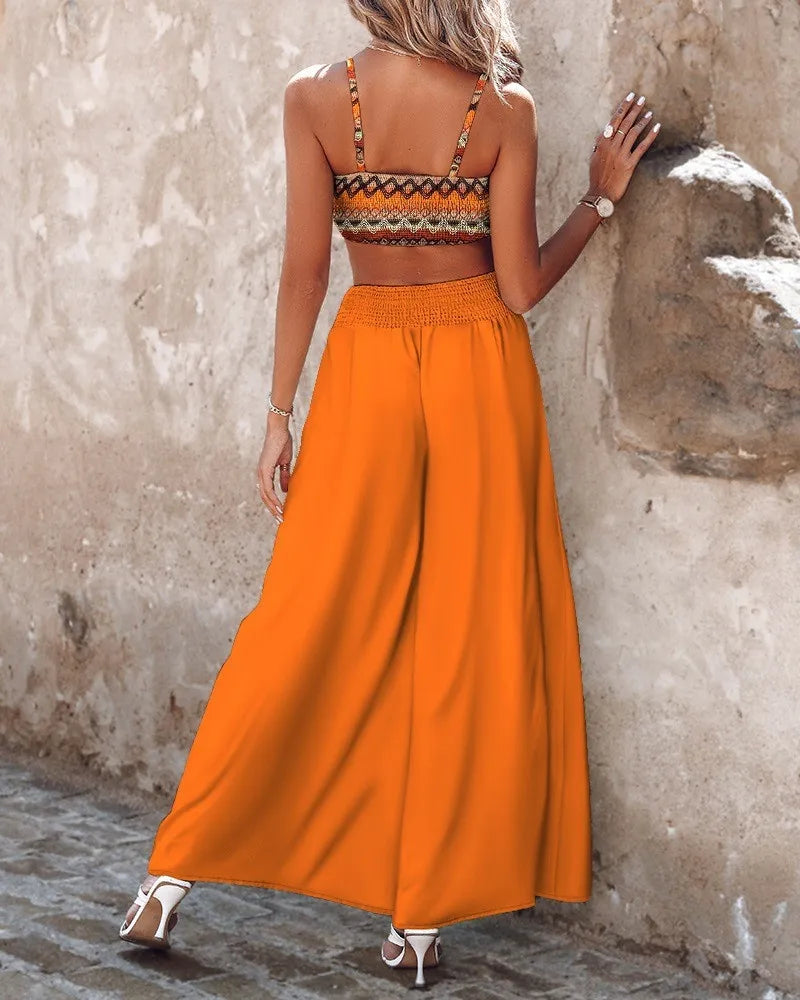 Summer New Commuter Two-piece Printed Lace-up Wide-leg Pants Suit