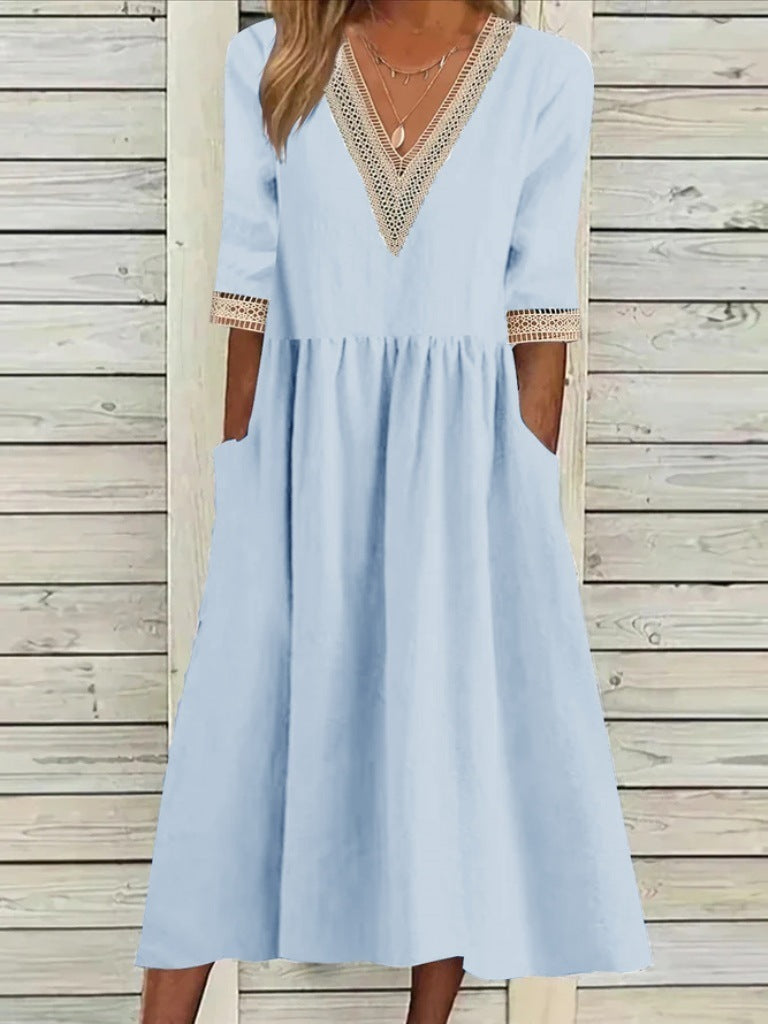 Cotton And Linen Lace Collar Half Sleeve Mid-length Dress