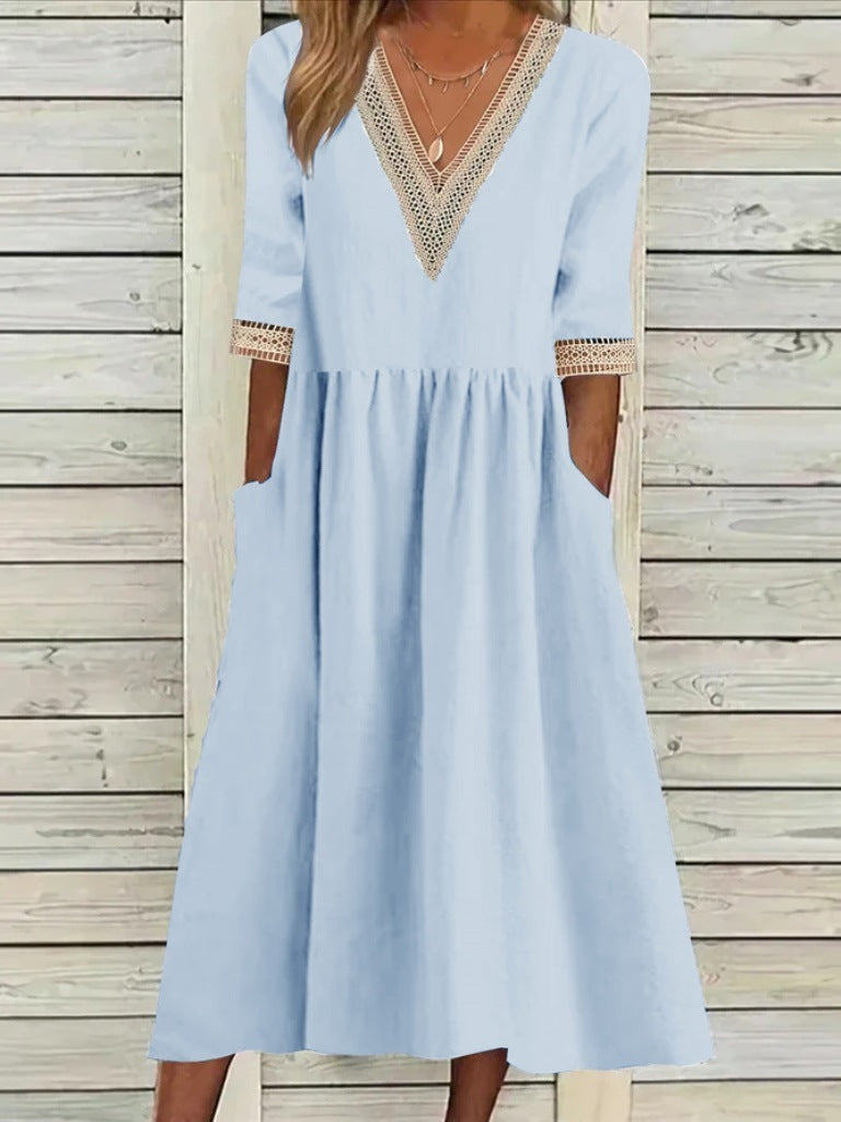 Cotton And Linen Lace Collar Half Sleeve Mid-length Dress