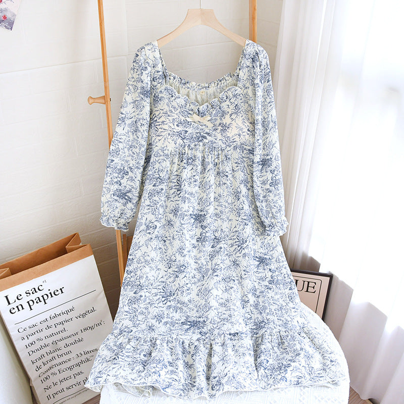 Cotton Crepe Chest Pad Long Sleeve Skirt U-collar Pullover Nightdress