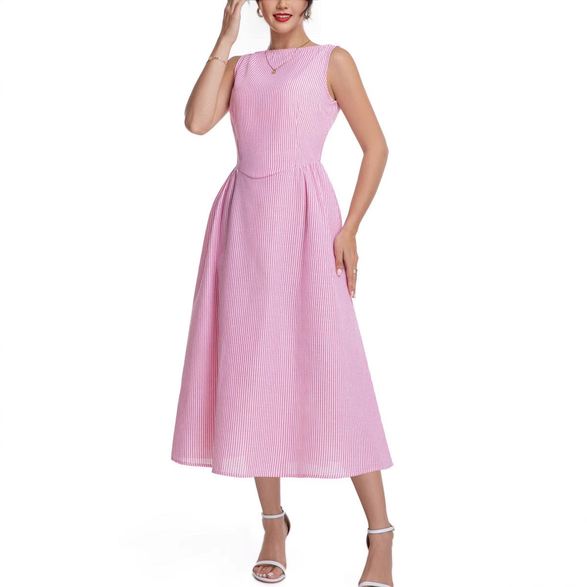 Women's Striped Sleeveless Zipper Princess Dress
