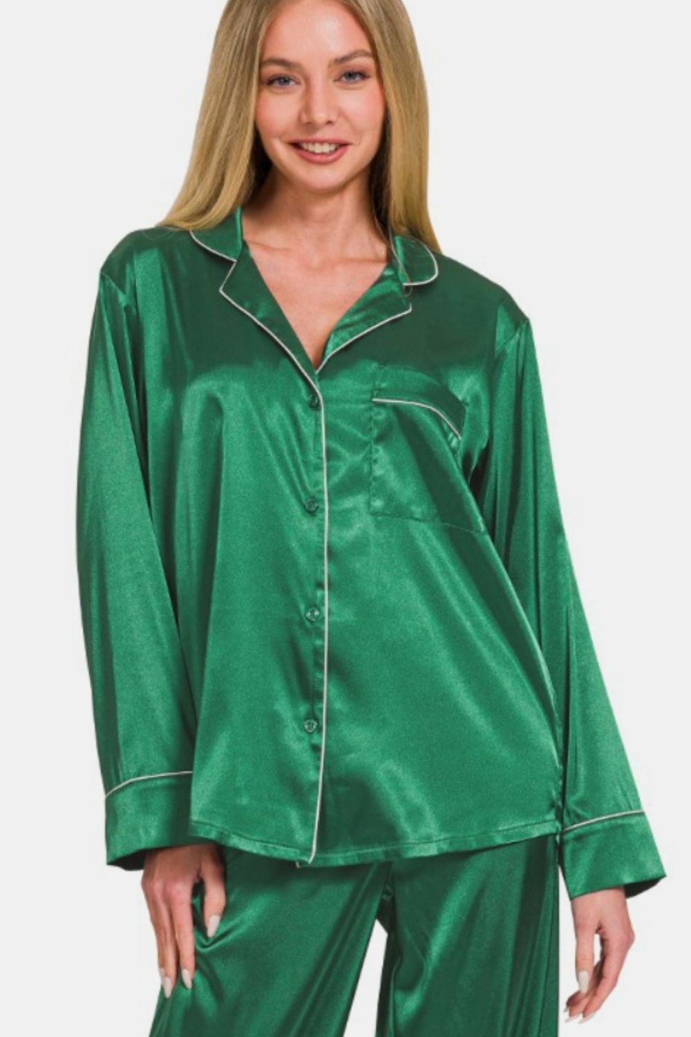 Zenana Satin Long Sleeve Shirt and Pants Pajama Set Green