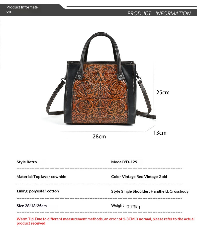 Single-shoulder Slanted-top Full-grain Leather Tote Bag With Leather Carving