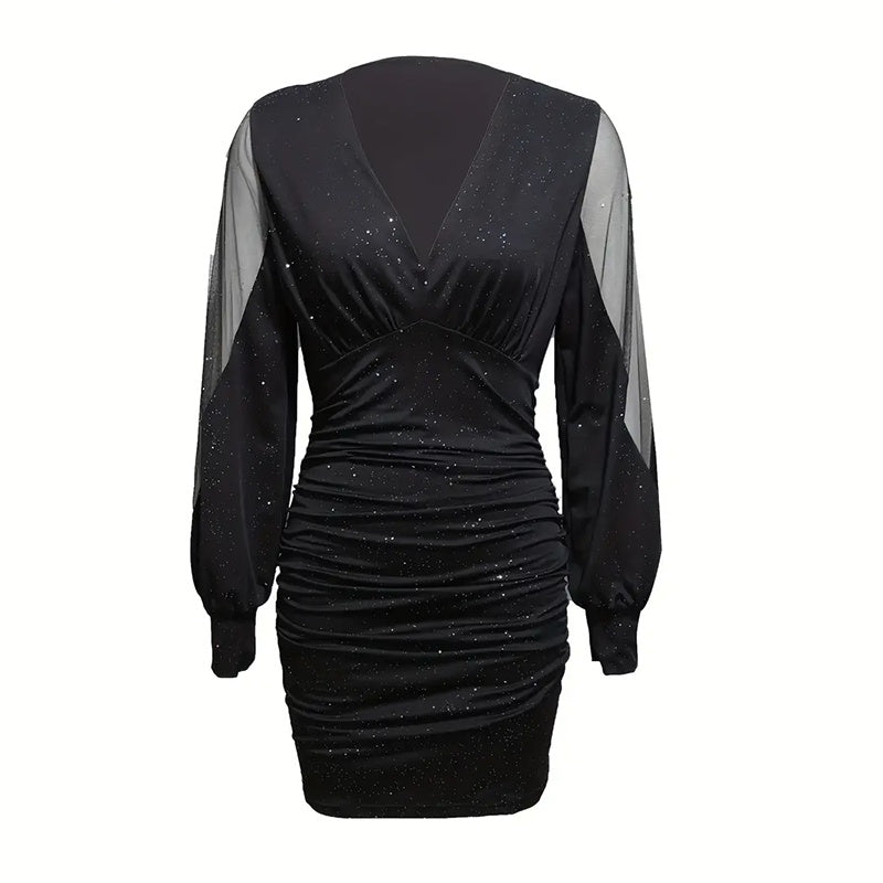 Women's Sexy Deep V-Neck Ruched Bodycon Mesh Long Sleeve Sparkling Party Dress - Free USA Shipping
