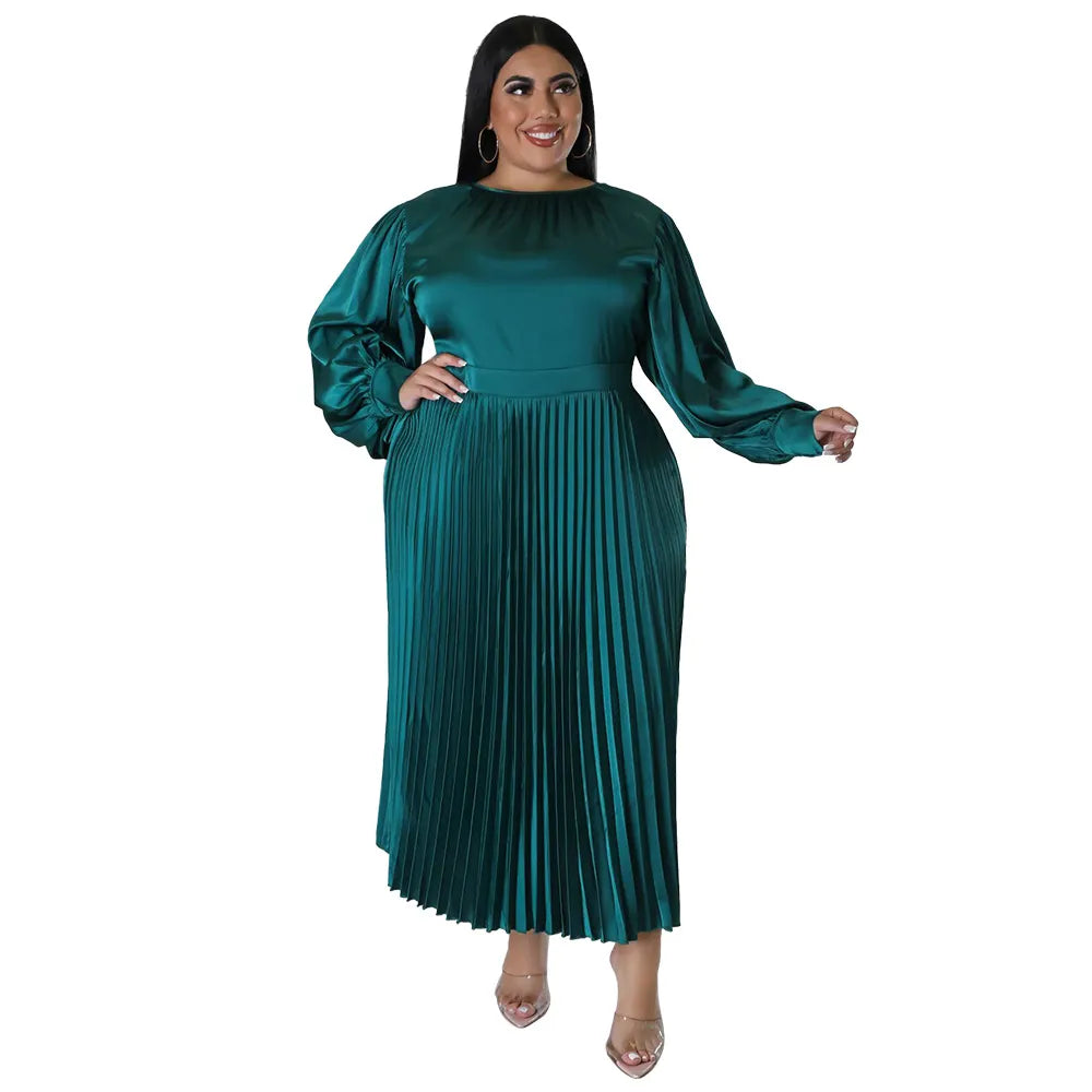 Pleated Round-neck Long Dress Women
