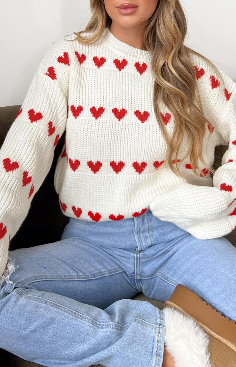 Sweet Cute Love Heart Two-tone Jacquard Contrast Color Round Neck Long Sleeve Sweater