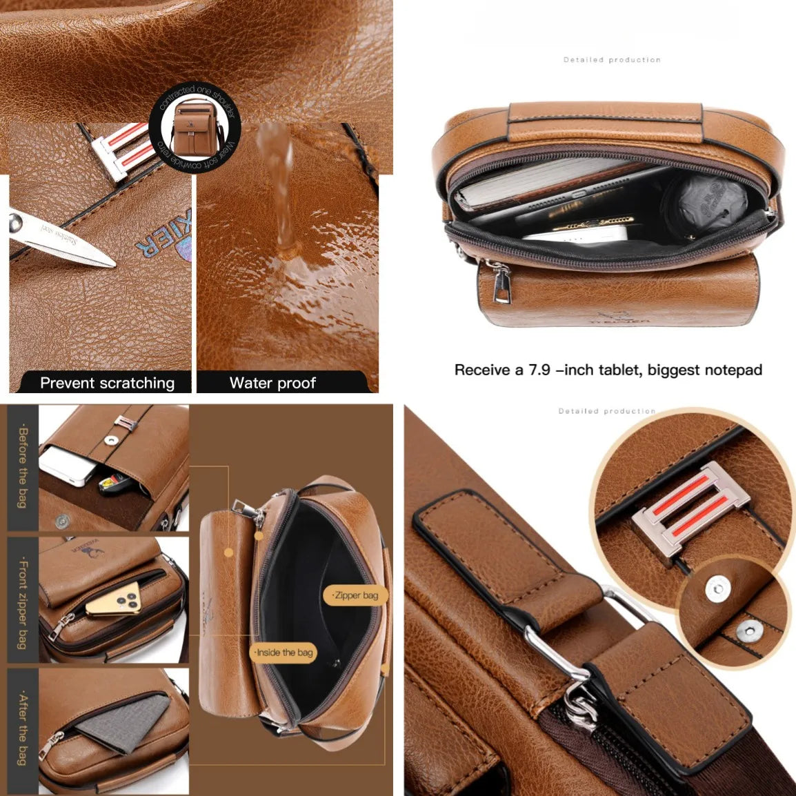 Leather Messenger Crossbody Shoulder Bag For Men Work Business Casual Adjustable Straps With  Metal Zipper-FREE USA SHIPPING