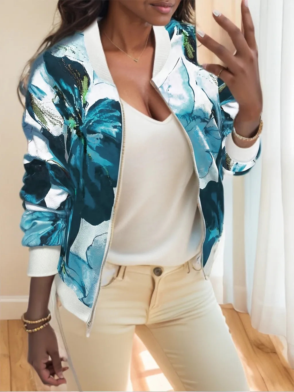 Women's Polka Dot Print Baseball Collar Casual Long Sleeve Jacket