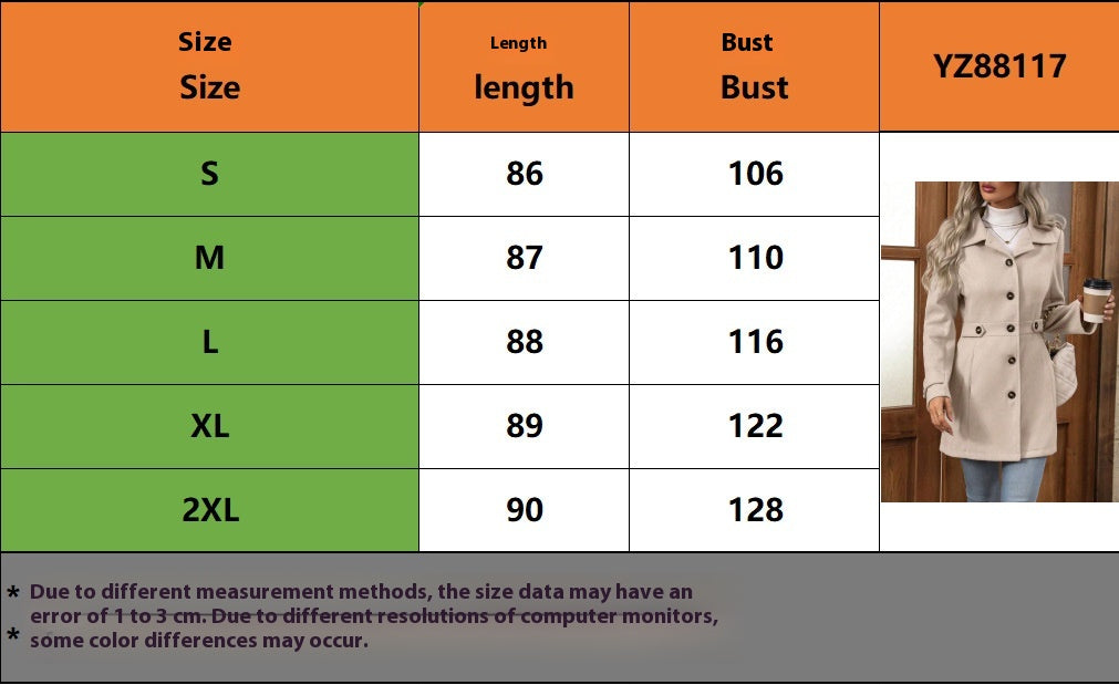 Mid-length Elegant Lapel Button Temperament Slim-fit Woolen Coat