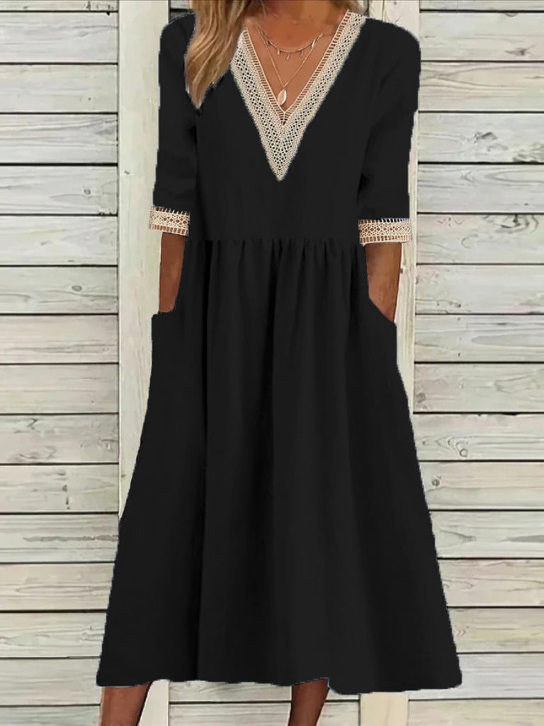 Cotton And Linen Lace Collar Half Sleeve Mid-length Dress
