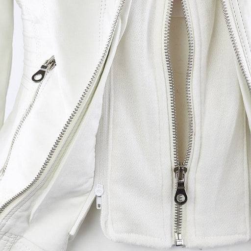 Women's Detachable Lapel Long Sleeve Solid Color Zipper Leather Jacket Coat