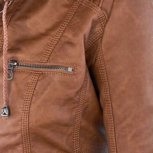 Women's Detachable Lapel Long Sleeve Solid Color Zipper Leather Jacket Coat