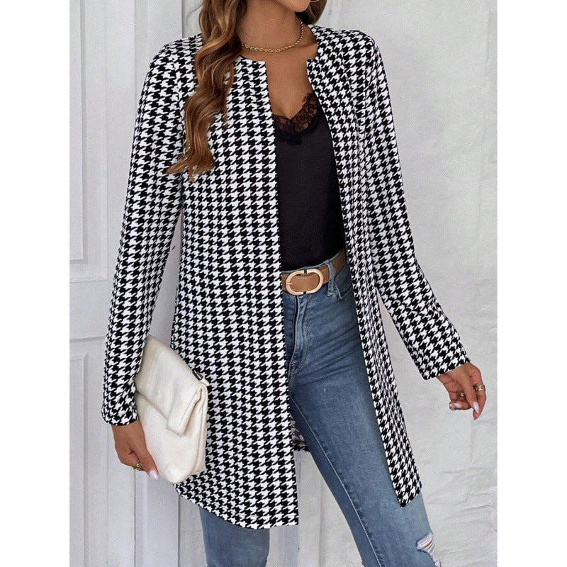 Women's Clothing Houndstooth Long Coat