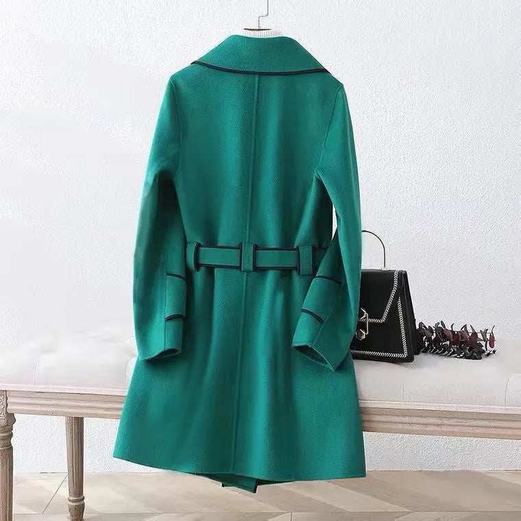 Western Style Contrast Color Mid-length Woolen Coat