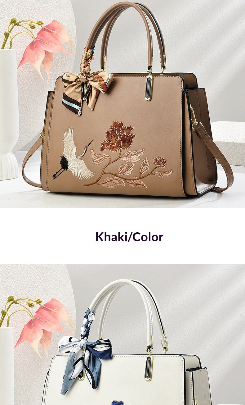 Womens New Chinese-Style National-Flair Embroidered Crane Fashion Crossbody Tote Bag