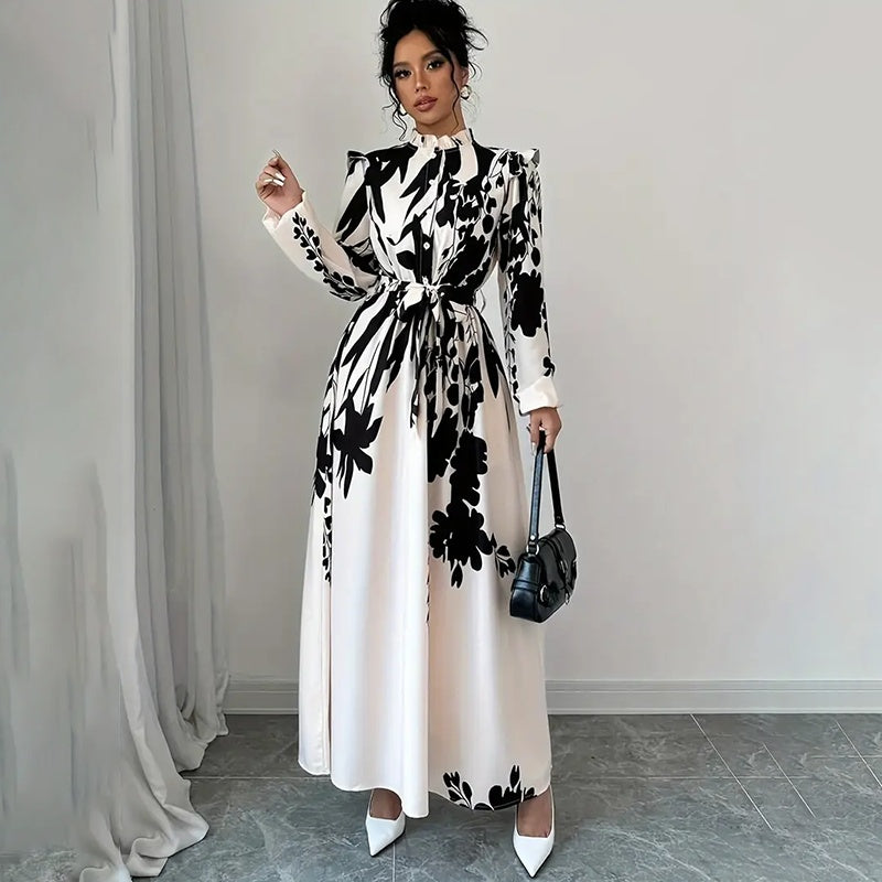 Women's Floral Print Long Sleeve Stand Collar A-Line Maxi Dress -  Free USA Shipping