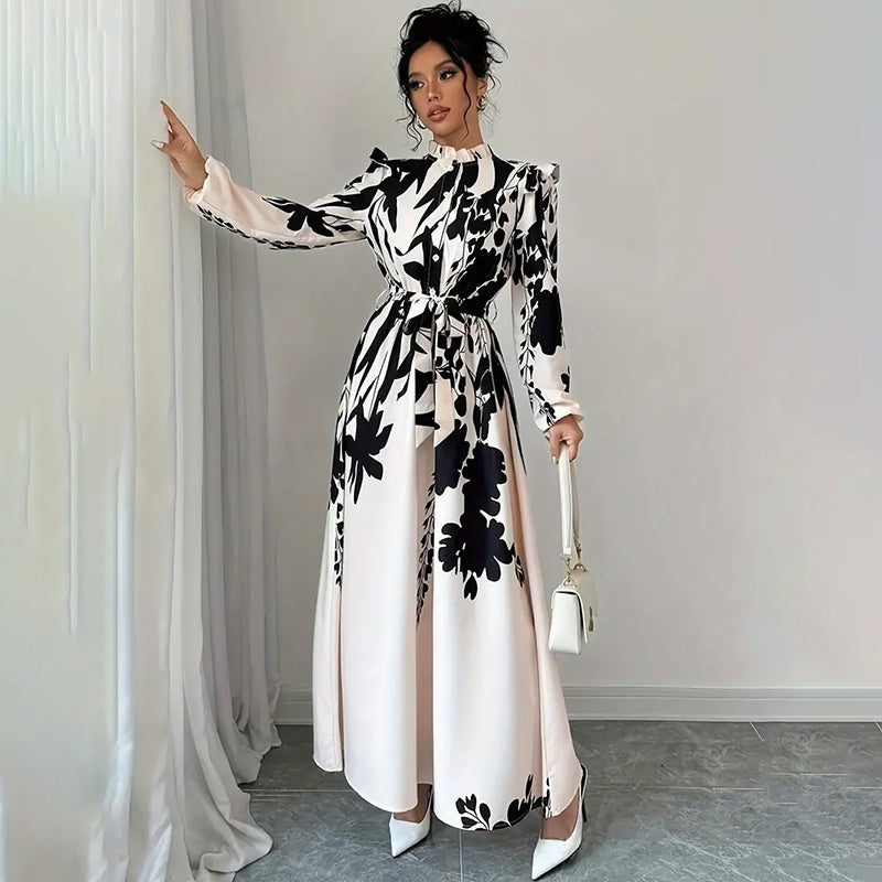 Women's Floral Print Long Sleeve Stand Collar A-Line Maxi Dress -  Free USA Shipping