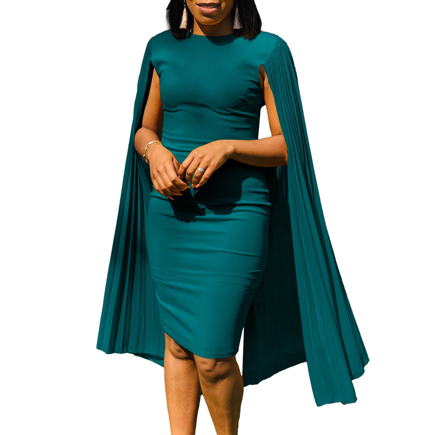 Round Neck Pleated Shawl Banquet Party Evening Gown