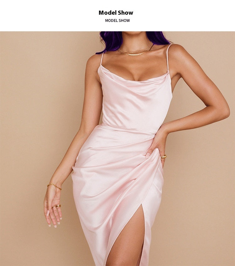 Sexy Slit Satin European And American Slim Sleeveless Split Skirt Dress