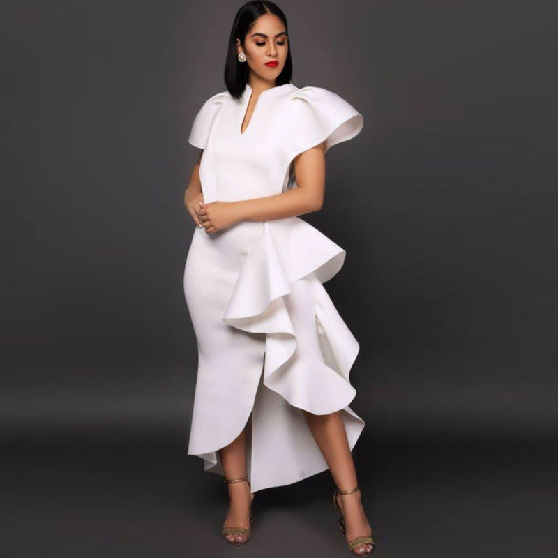 High Waist Irregular Elegant V-neck Flounce Dress