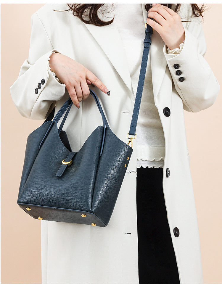 Genuine Leather Women's Large Capacity Hand Holding Bucket Bag