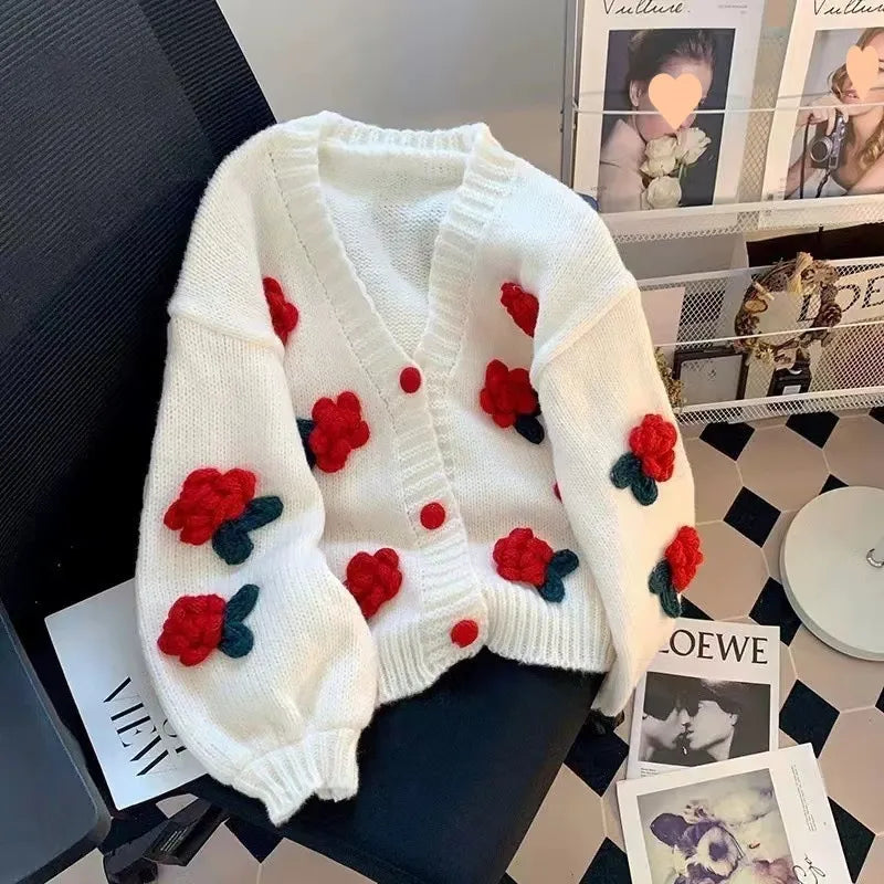 Women's Three-dimensional Flower Knitted Cardigan Loose Sweater Coat