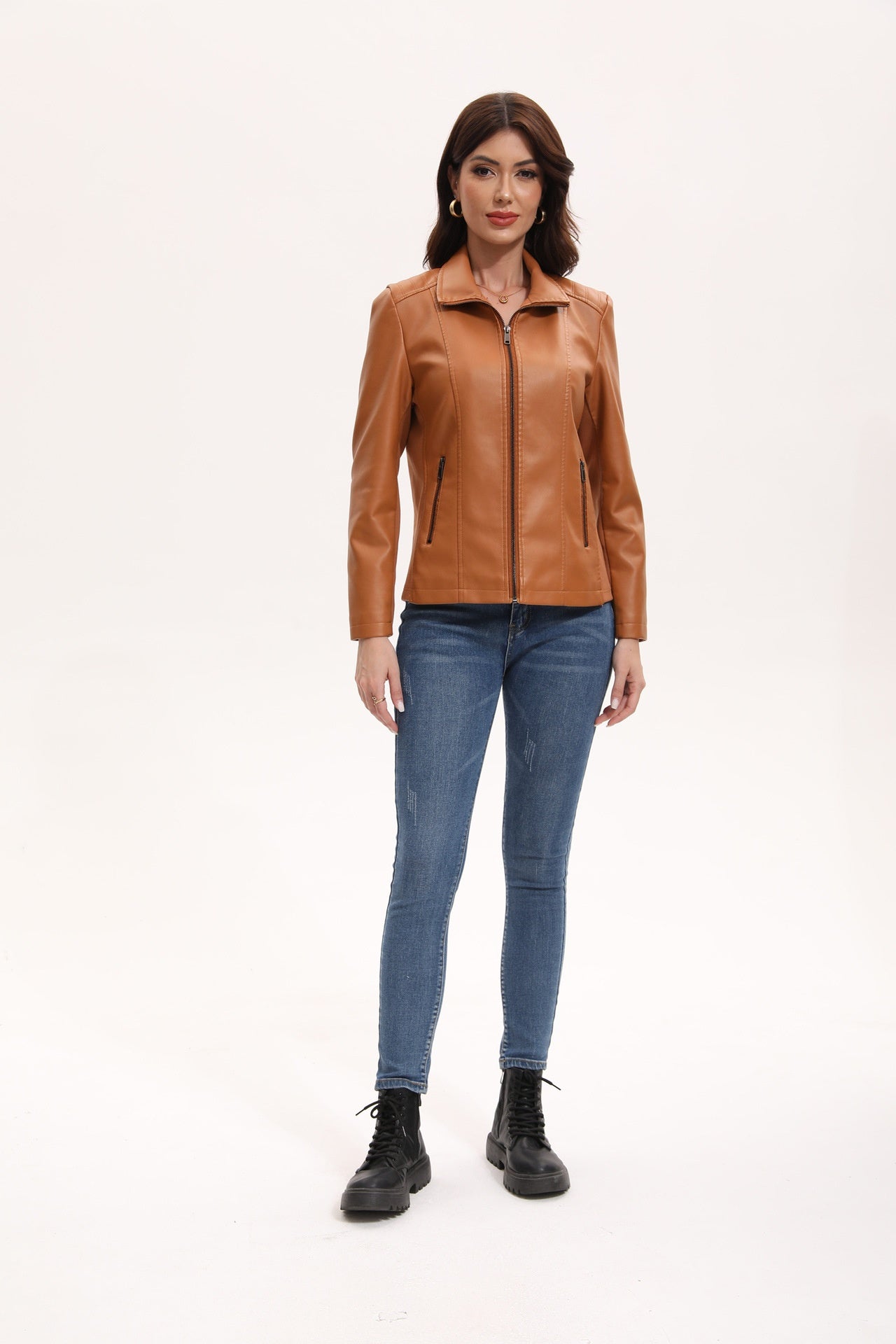 Women's Leather Jacket Knitted Stitching Stretch Coat