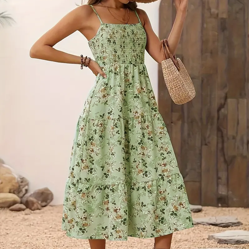 Womens Summer Floral Midi Dress Smocked Spaghetti Strap Sleeveless Tiered Casual Flowy-FREE USA SHIPPING Dresses