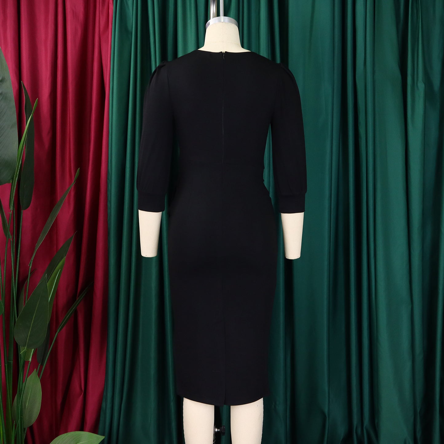 Women's Bodycon Pencil Dress Round Neck 3 /4 th Sleeve Peplum Office Dress - Free USA Shipping