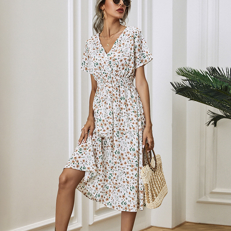 Women's V-Neck Floral Print Dress - A-Line Waisted Summer Maxi Dress - Free USA Shipping
