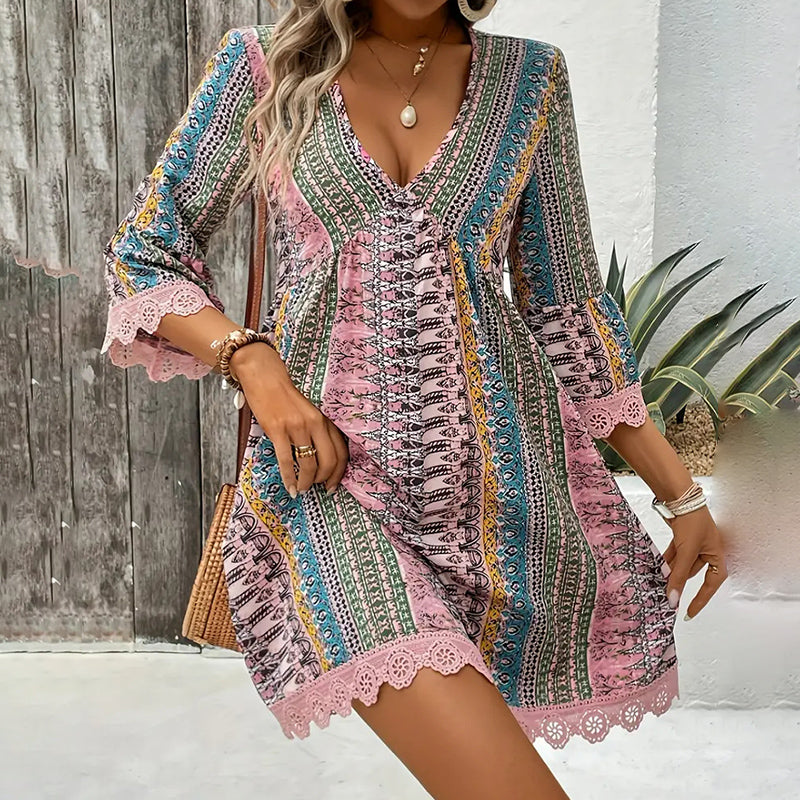 Women's Boho Print Mini Dress V-Neck 3 4 Sleeve Flowy Casual Summer Beach Sundress-FREE USA SHIPPING