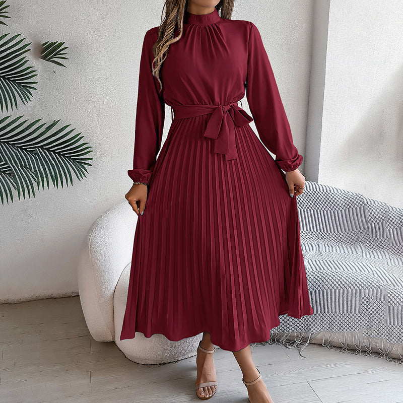 Elegant High Neck Long Sleeve Pleated Maxi Dress - Solid Color Flowy Dress For Women, Casual To Formal Wear-FREE USA SHIPPING