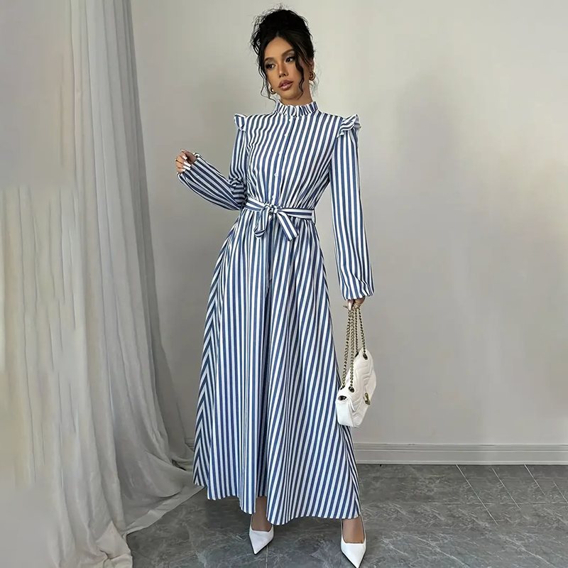Women's Floral Print Long Sleeve Stand Collar A-Line Maxi Dress -  Free USA Shipping