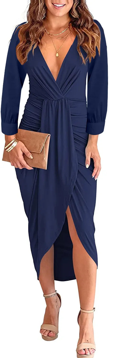 V-neck Ruffle Hip Split Women's Clothing Dress