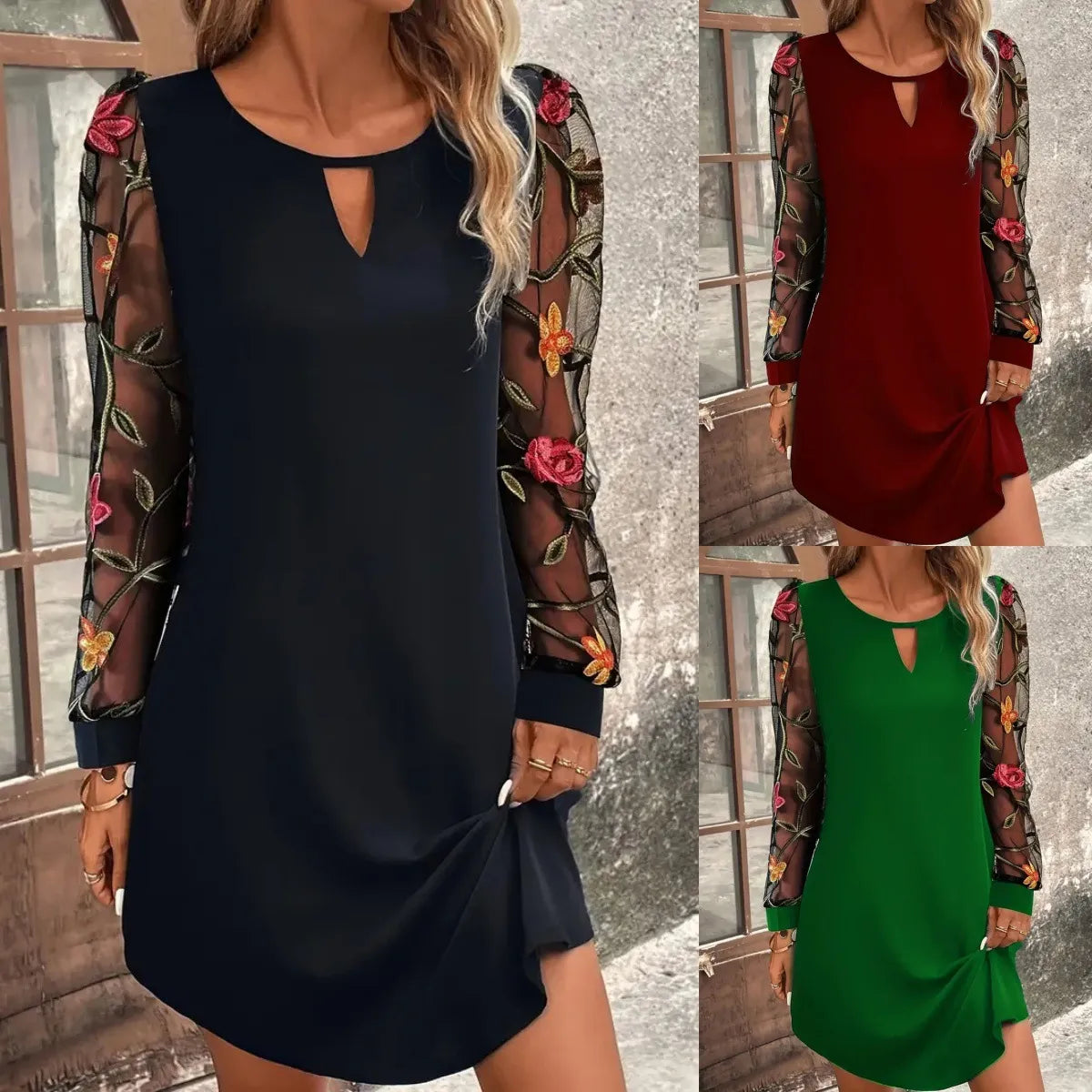 Women's Round Neck Lace Long Sleeve Dress