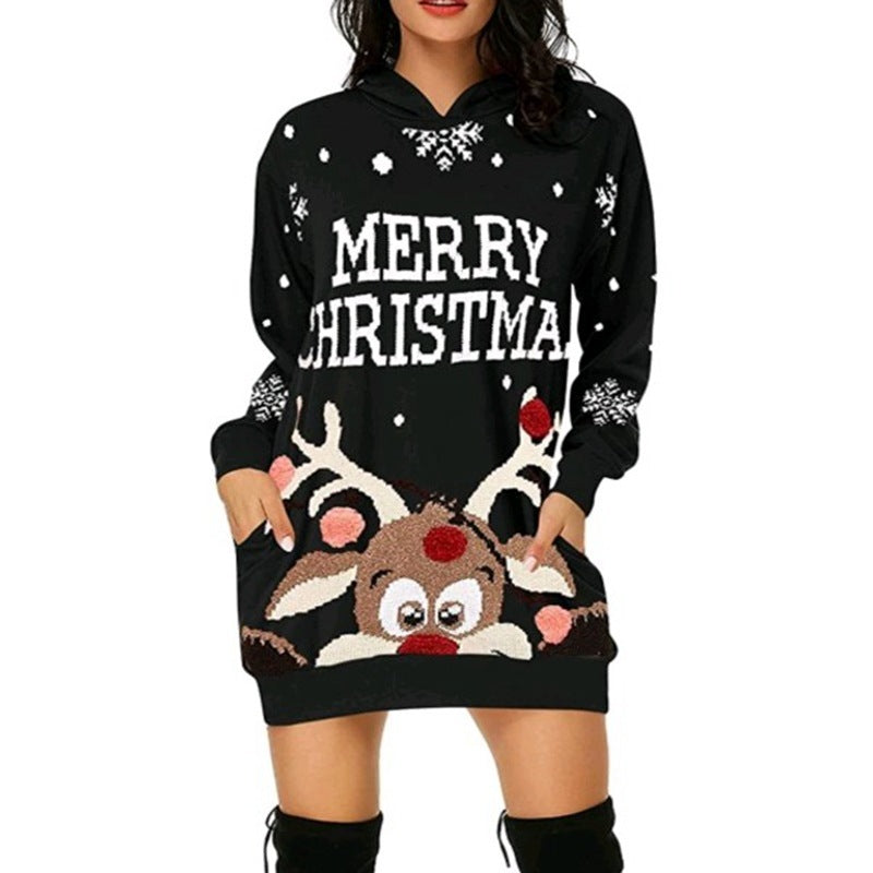 Christmas hot sale printed mid length pocket hooded long sleeved sweater