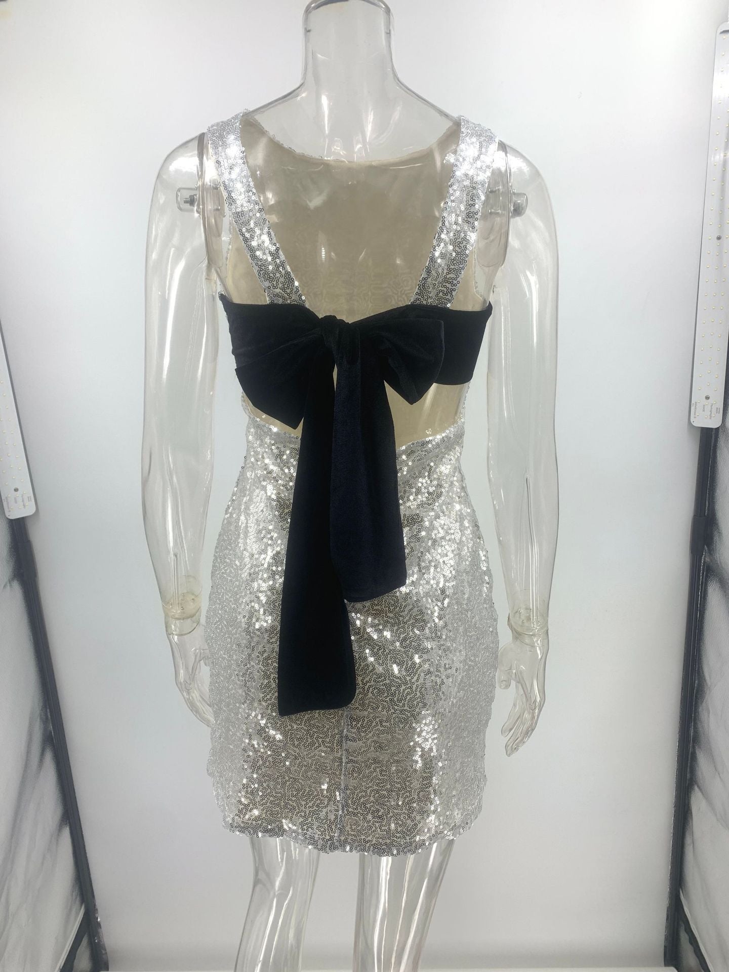 Sleeveless Slim Fit Backless Bow Glitter Mini Dress