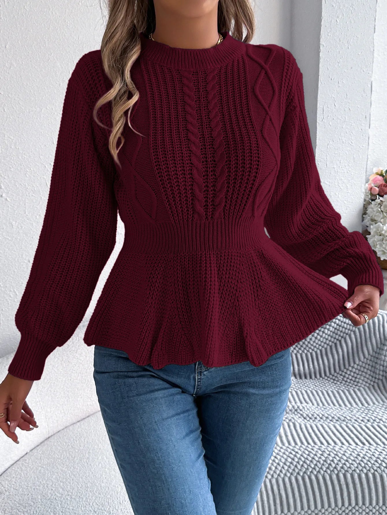 Twist Waist Trimming Ruffles Long Sleeve Pullover