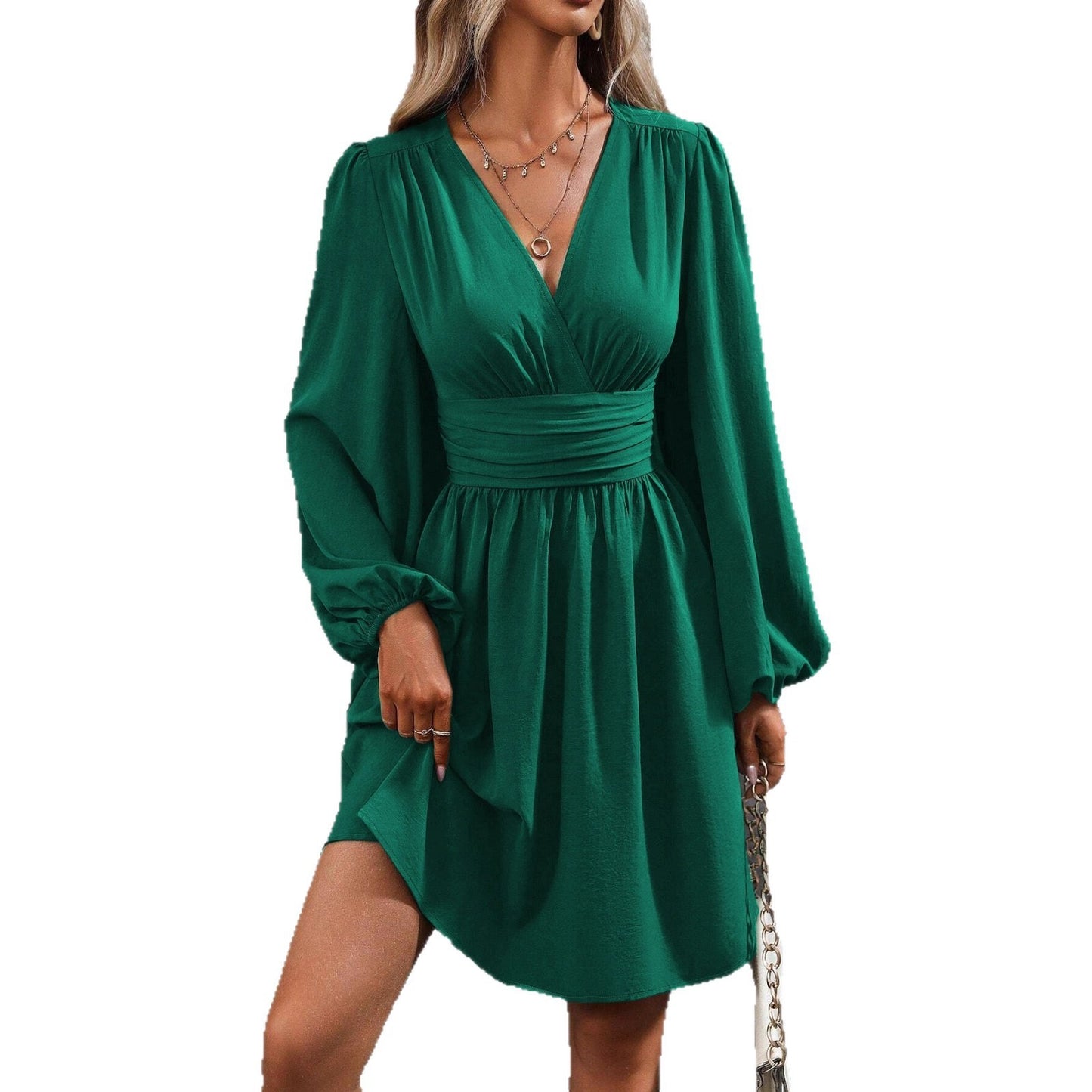 Women's Diagonal Collar Lantern Sleeve Smocking Pleated Waist Dress