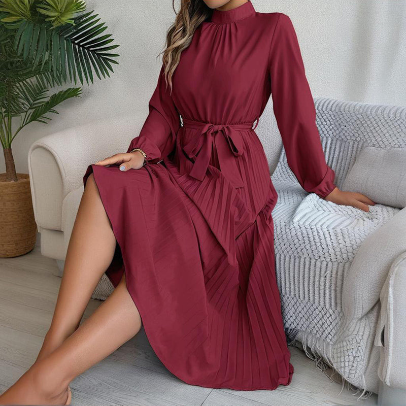 Elegant High Neck Long Sleeve Pleated Maxi Dress - Solid Color Flowy Dress For Women, Casual To Formal Wear-FREE USA SHIPPING