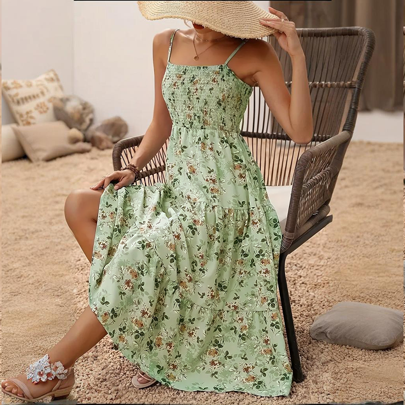 Womens Summer Floral Midi Dress Smocked Spaghetti Strap Sleeveless Tiered Casual Flowy-FREE USA SHIPPING Dresses