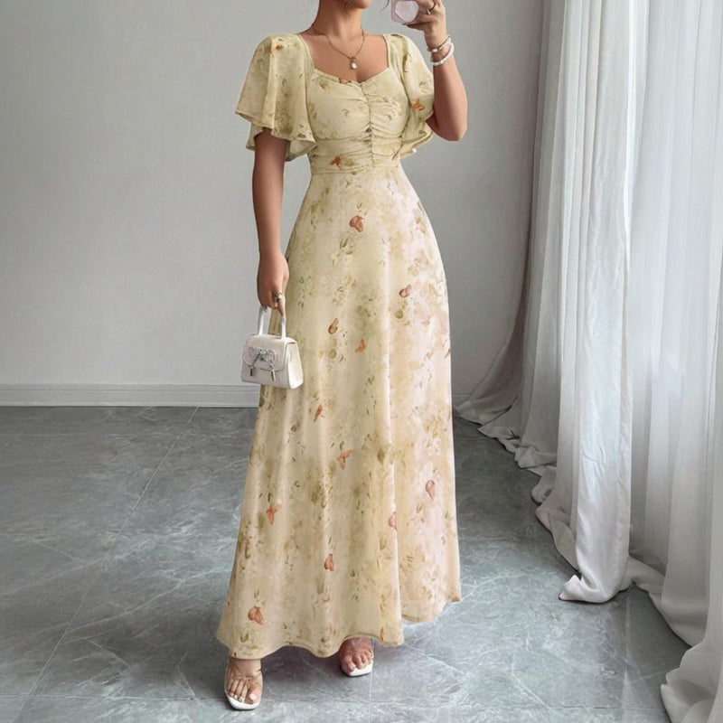 Women's Solid Color Square Neck Short Sleeve Butterfly Print Flowy Dress A-Line Summer Vacation Maxi Dress