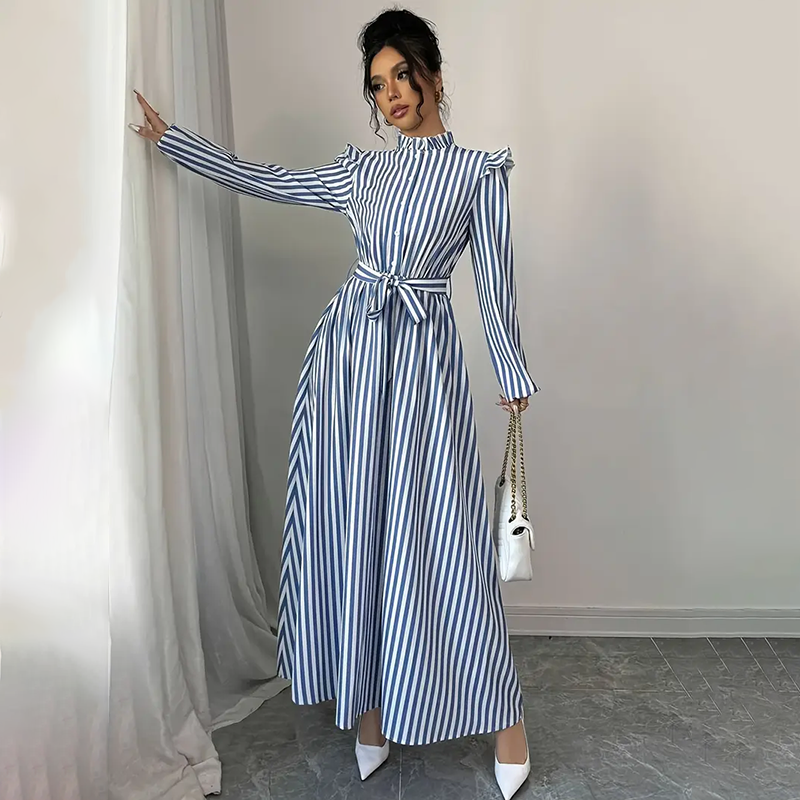 Women's Floral Print Long Sleeve Stand Collar A-Line Maxi Dress -  Free USA Shipping