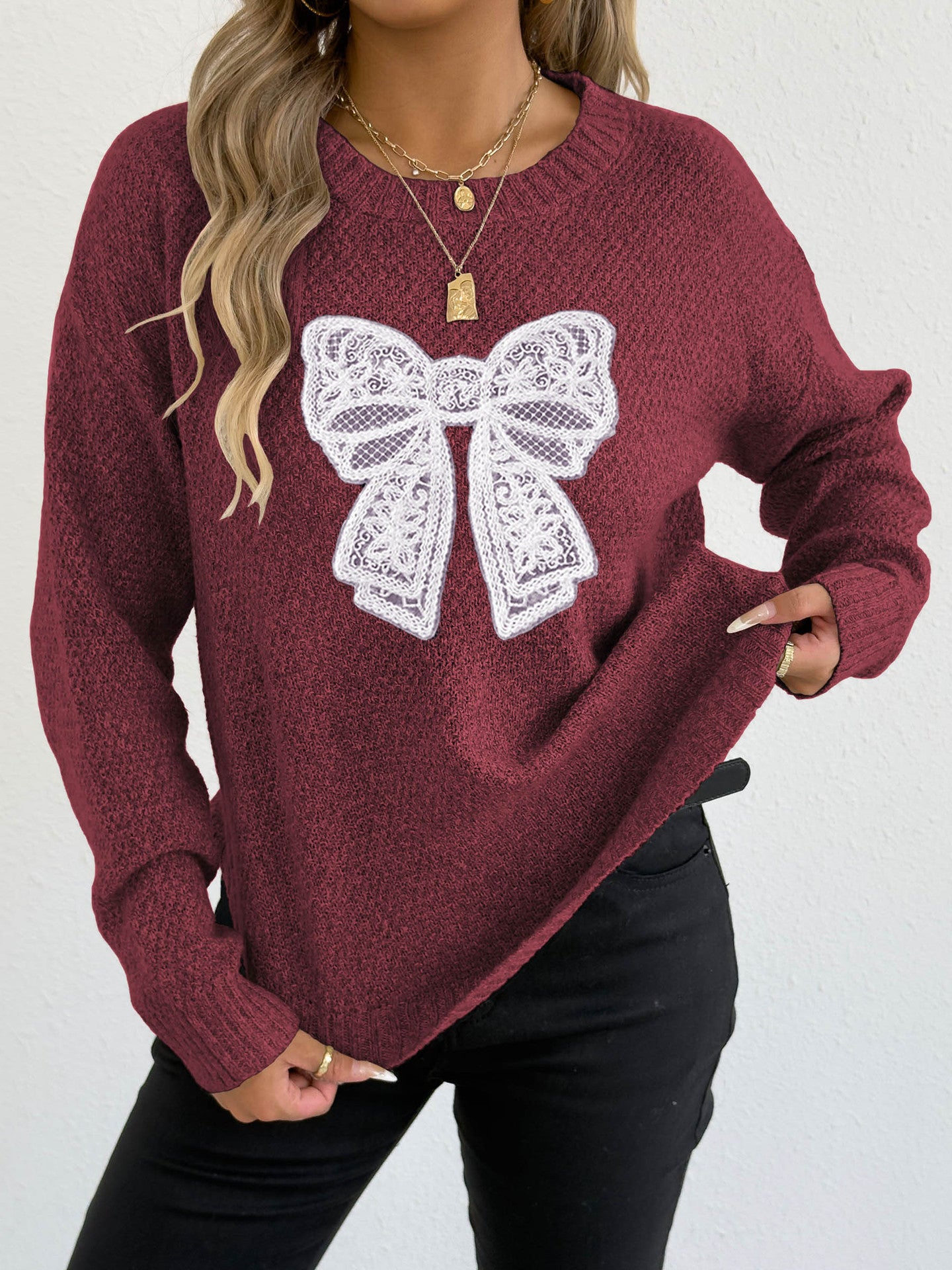 Women's Round Neck Embroidered Lace Butterfly Stitching Woven Sweater