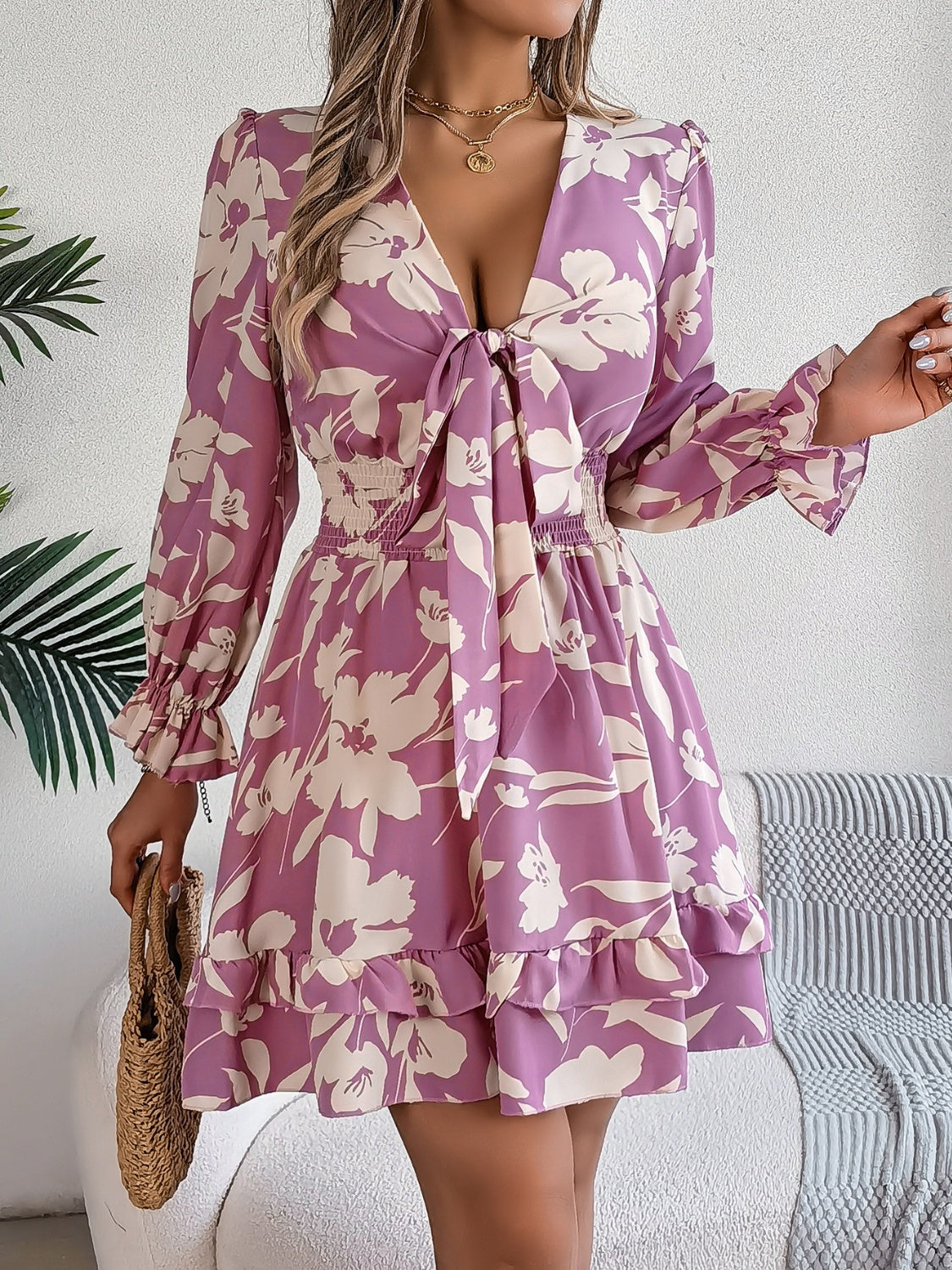 Tied Ruffled Printed Long Sleeve Dress Floral