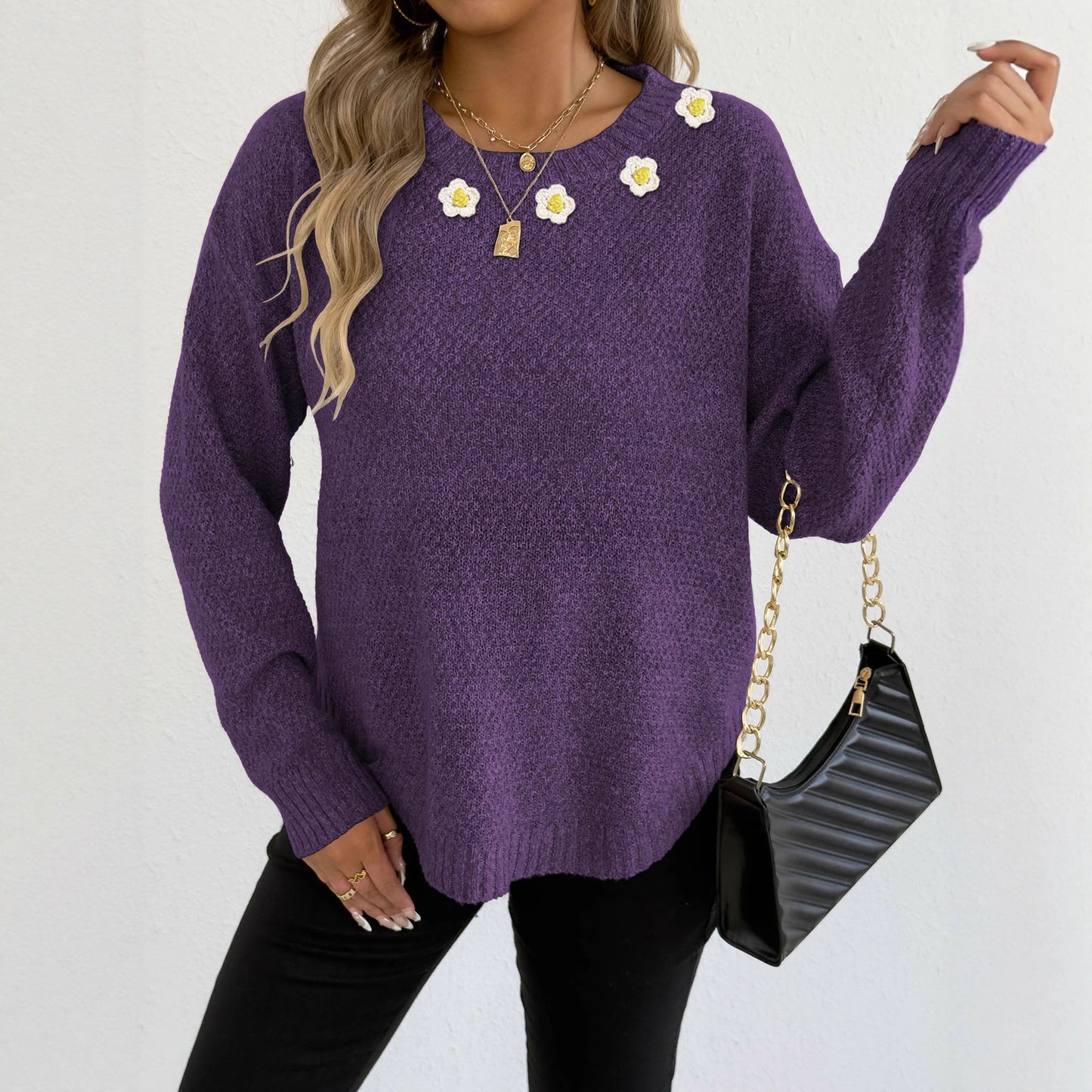 Women's Crochet Patchwork Round Neck Comfort And Casual Sweater